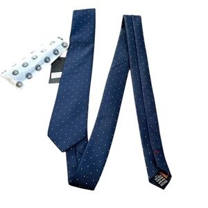 IMANI UOMO Handmade 100% Silk Pointed Skinny Pattern Men's Navy Blue Tie & Hanky